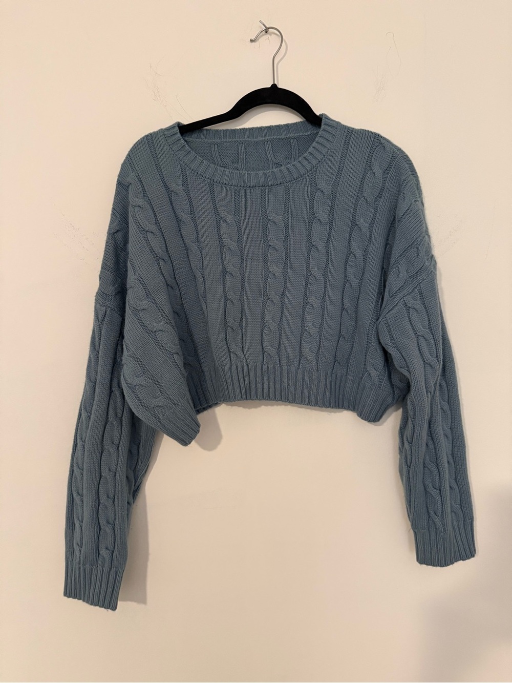 Dazy Cropped Cable Crewneck Sweater in Dusty Blue